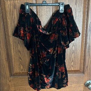 LOFT Black and Red Floral Velvet Blouse